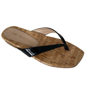 Stuart Weitzman Black Patent Leather Cork Flat Thong Sandal Flip Flop Slip 7.5